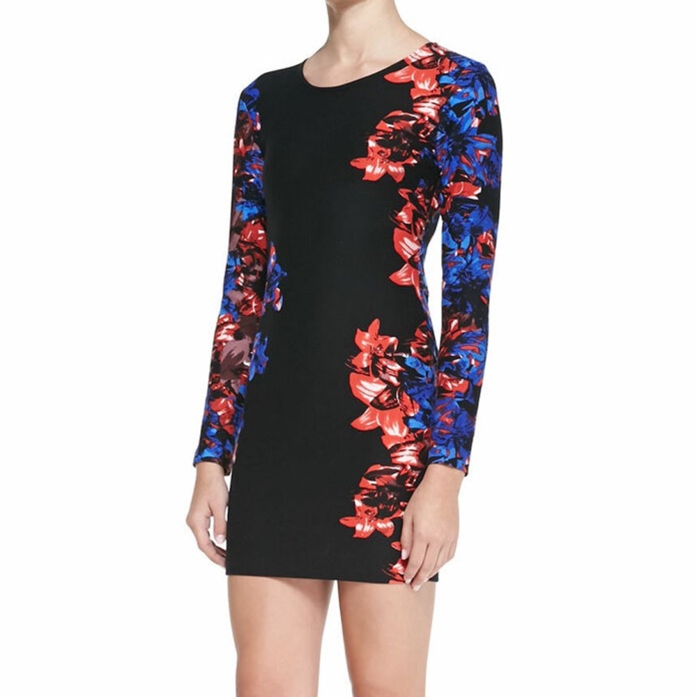 Parker Black & Red Floral Cage-Back Long Sleeve Bodycon Mini Dress | M